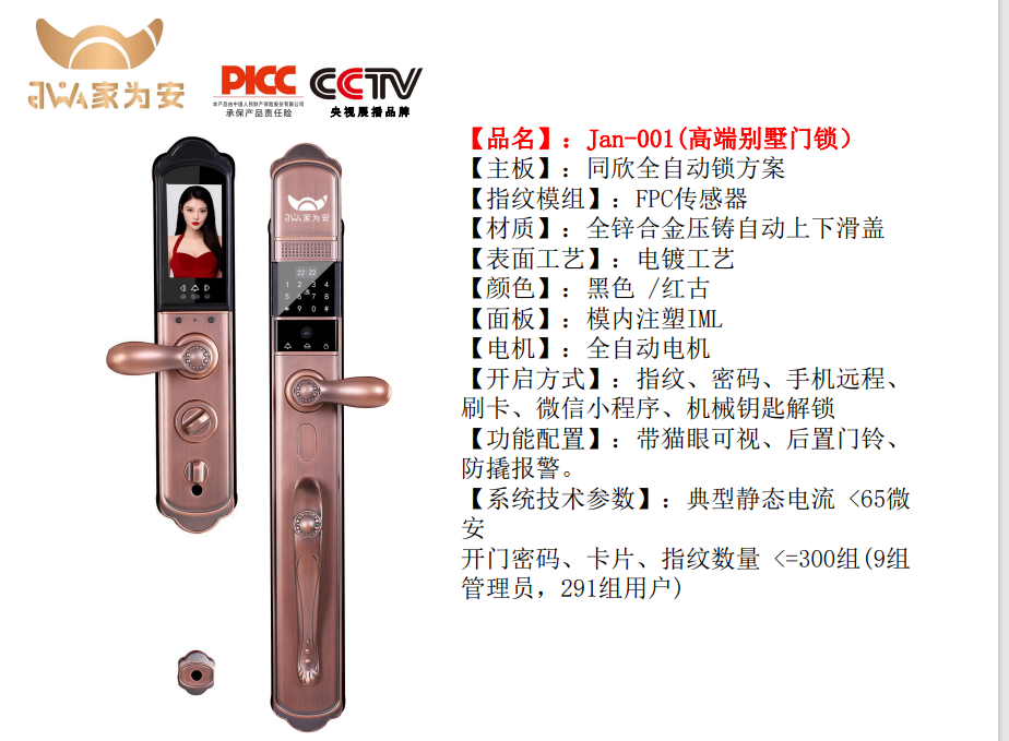 家为安智能锁Jan-001(高端别墅门锁)